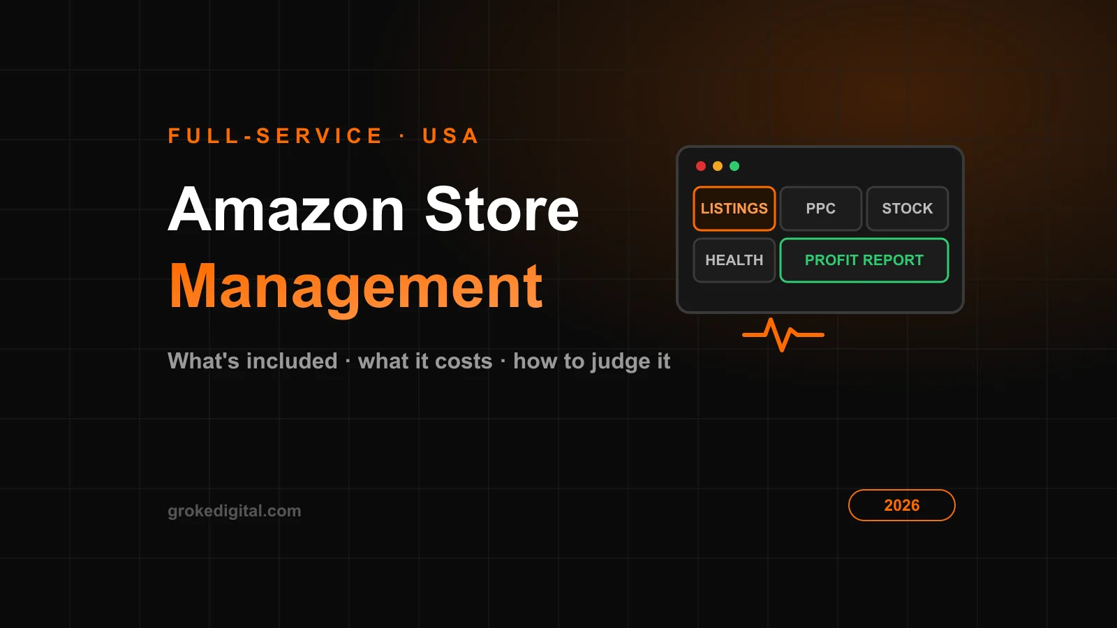 Amazon store management services 2026 — control dashboard covering listings, ads, inventory and account health