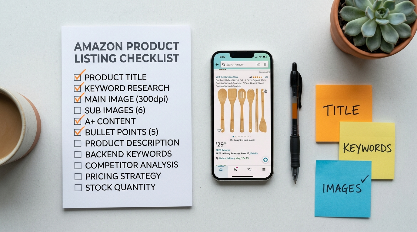 Amazon listing optimization checklist 2026 — printed checklist with orange ticks and smartphone on desk