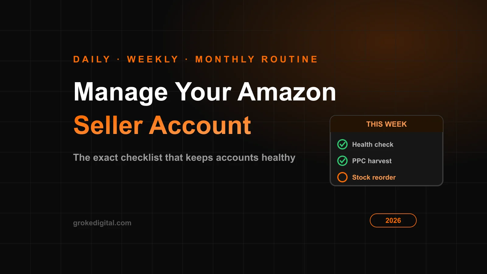 How to manage an Amazon seller account 2026 — daily, weekly and monthly routine calendar with task checkmarks
